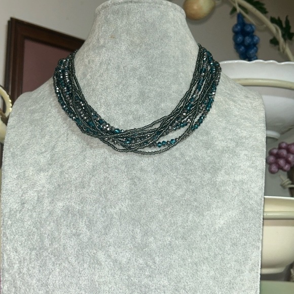 Grey and Blue Beaded Multi Layer Necklace With Magnetic Clasp - Picture 1 of 3